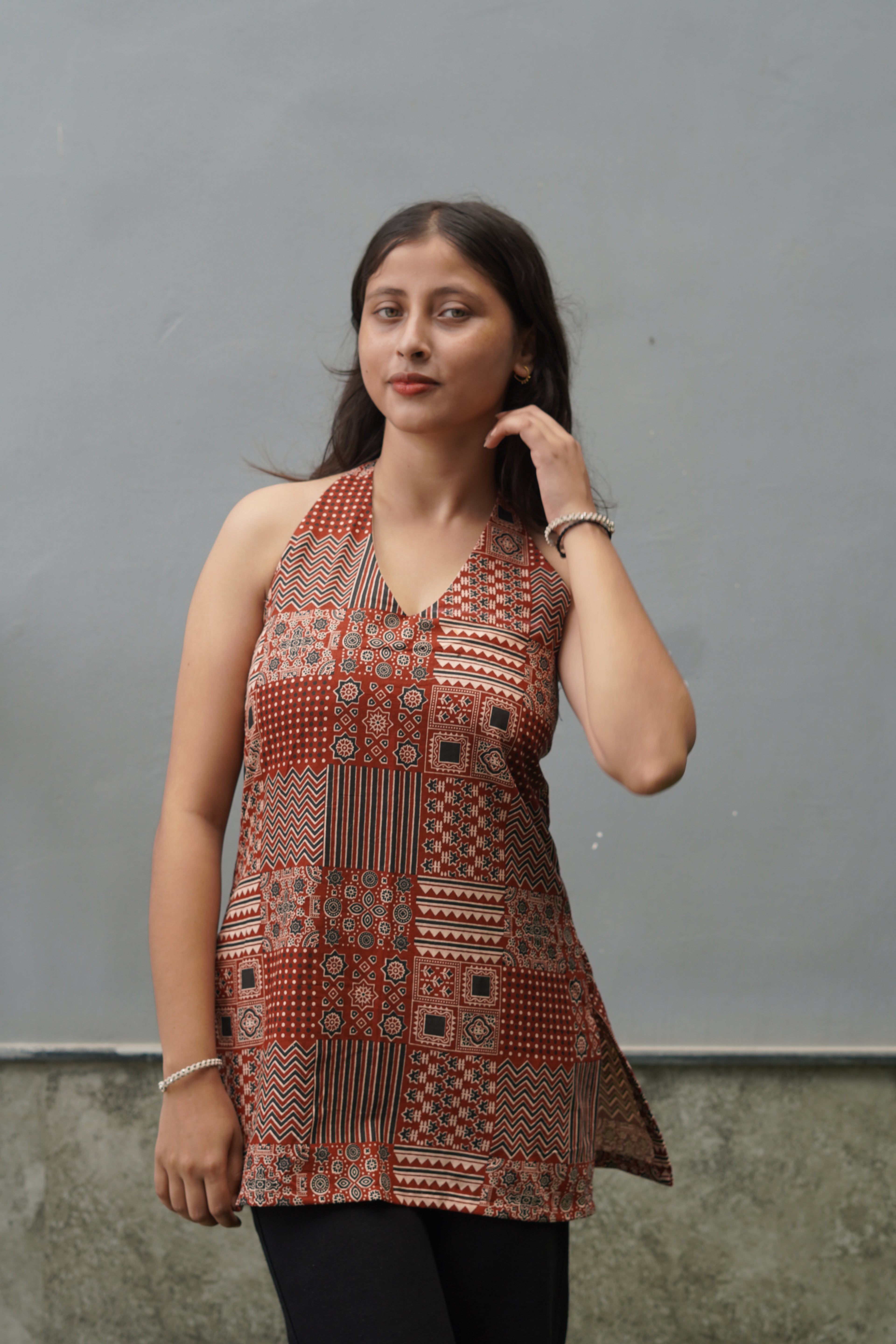 Rust Patchwork Print Halter Neck kurti