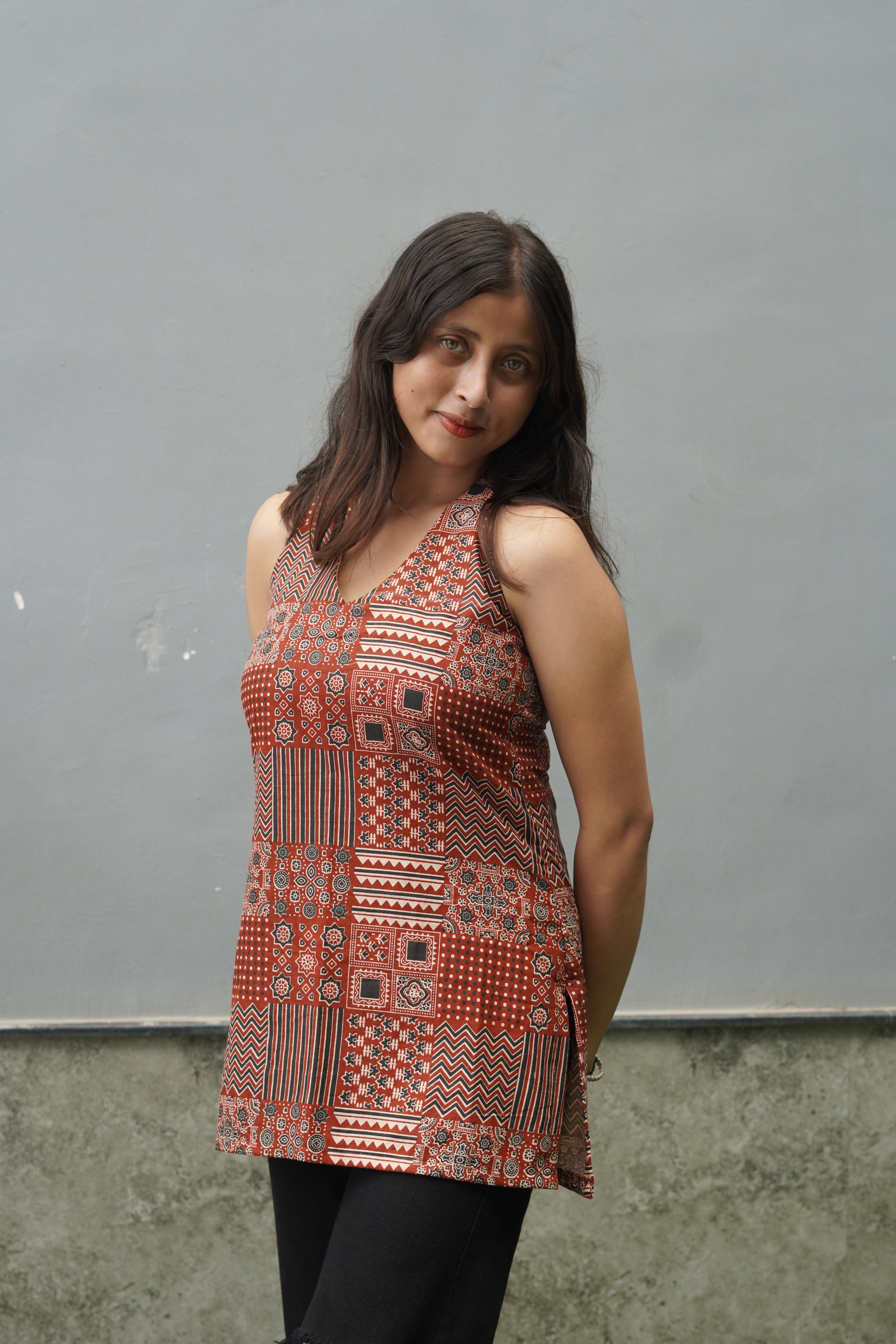Rust Patchwork Print Halter Neck kurti