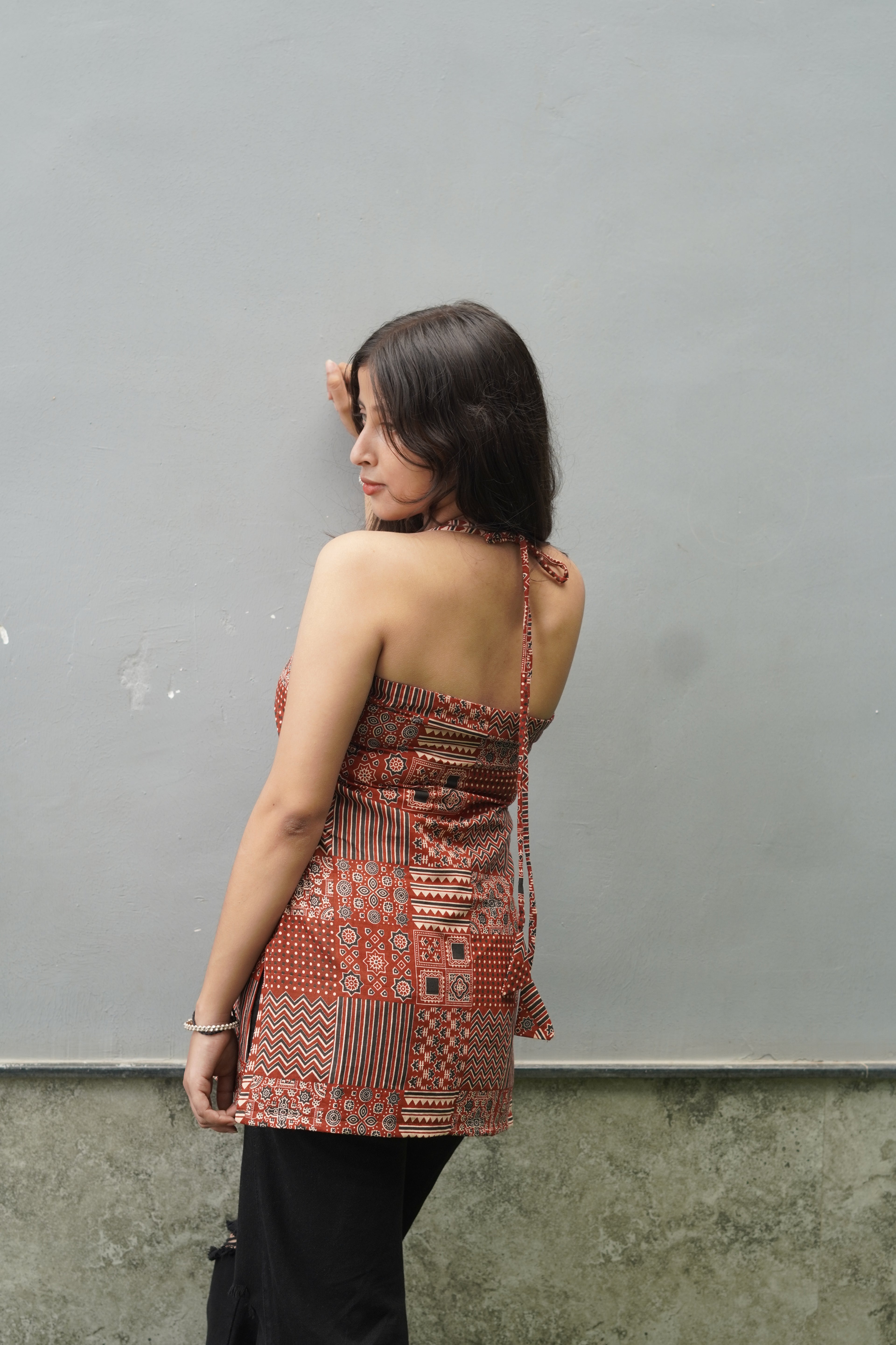 Rust Patchwork Print Halter Neck kurti
