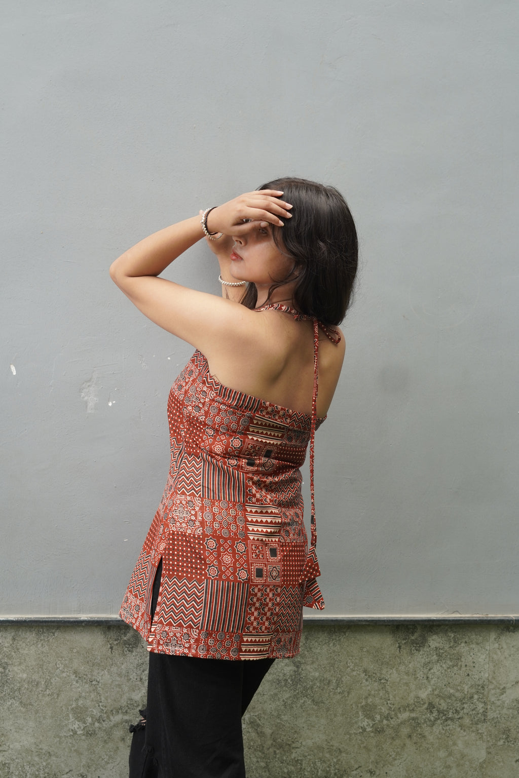 Rust Patchwork Print Halter Neck kurti