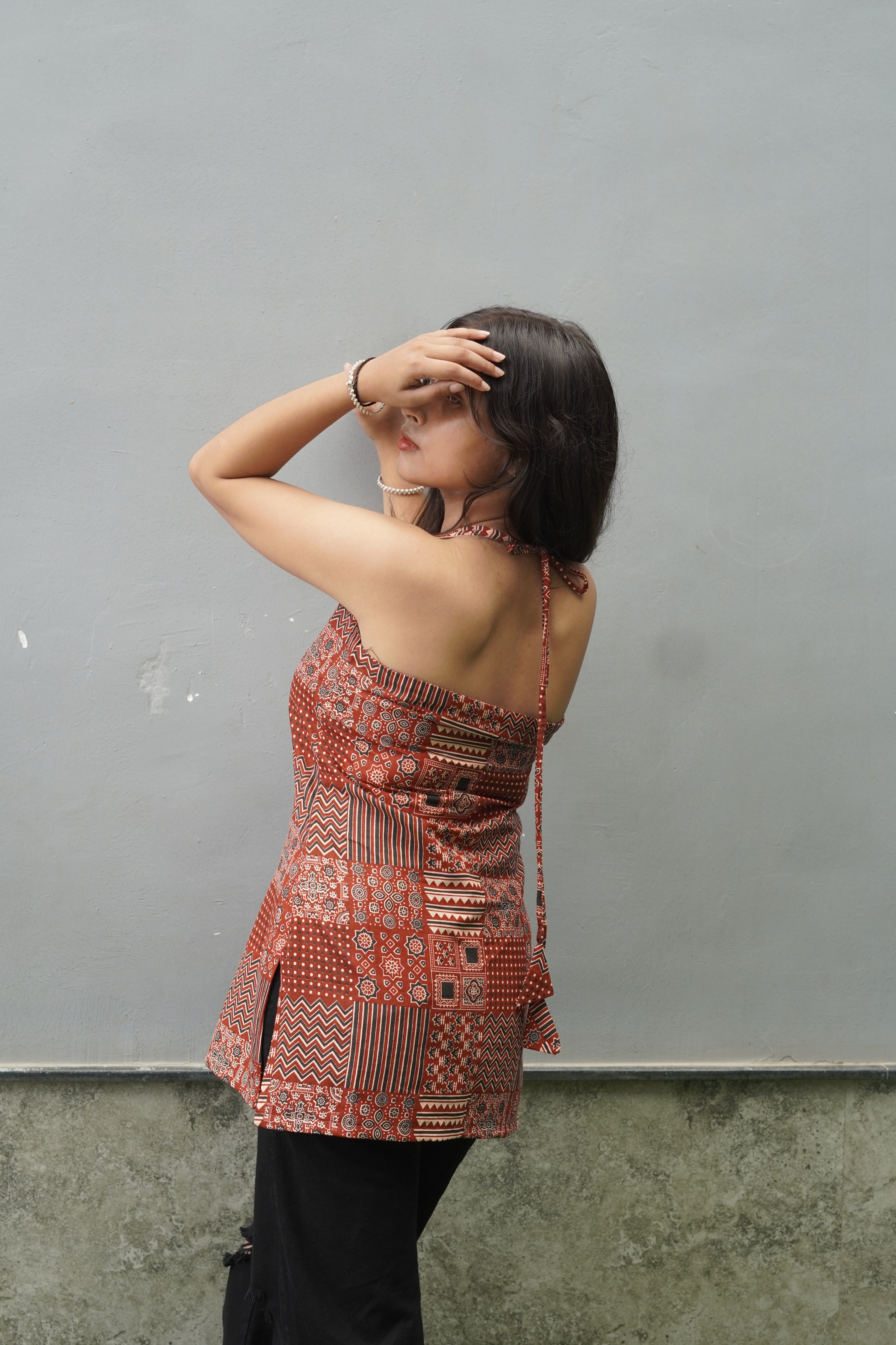 Rust Patchwork Print Halter Neck kurti
