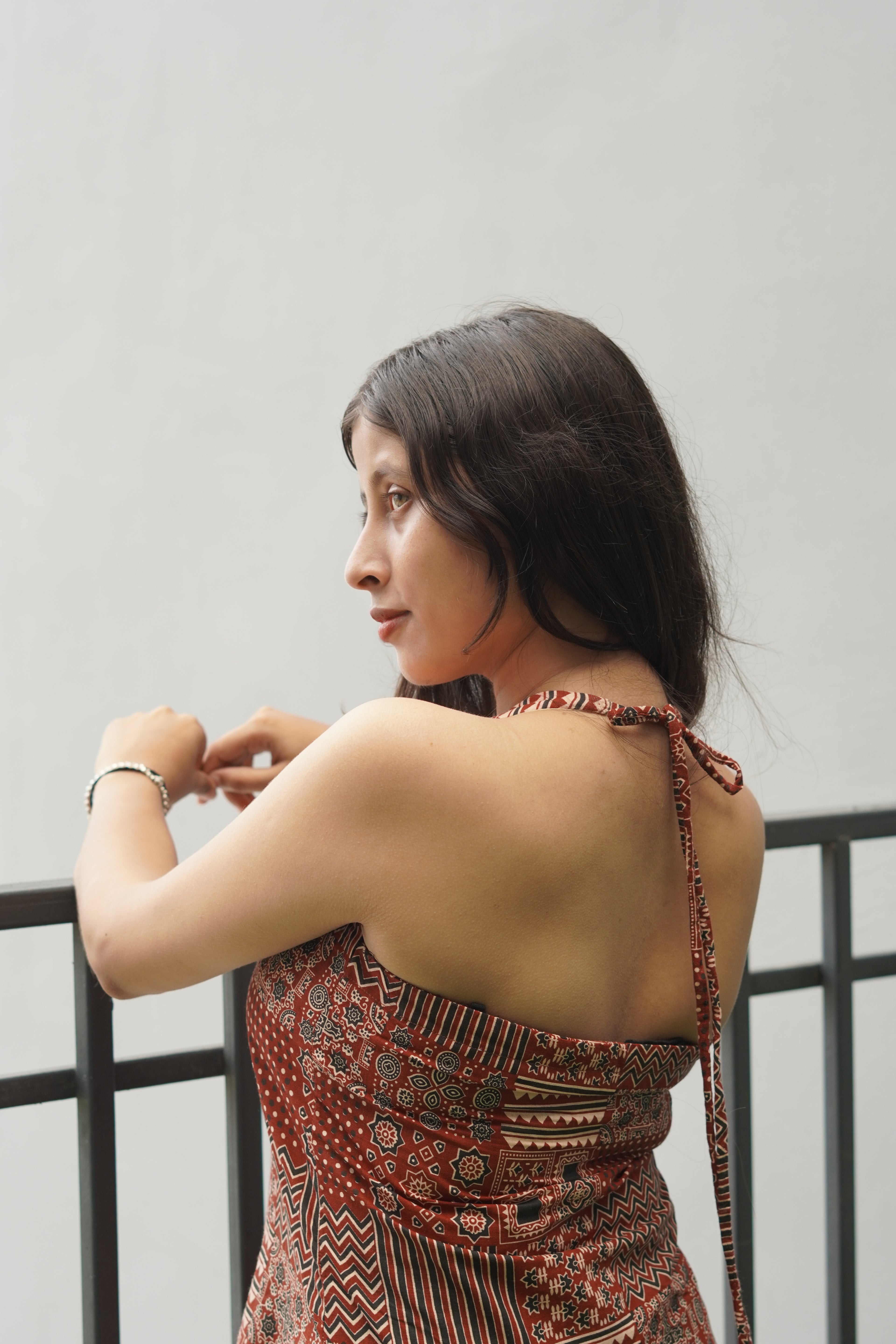Rust Patchwork Print Halter Neck kurti