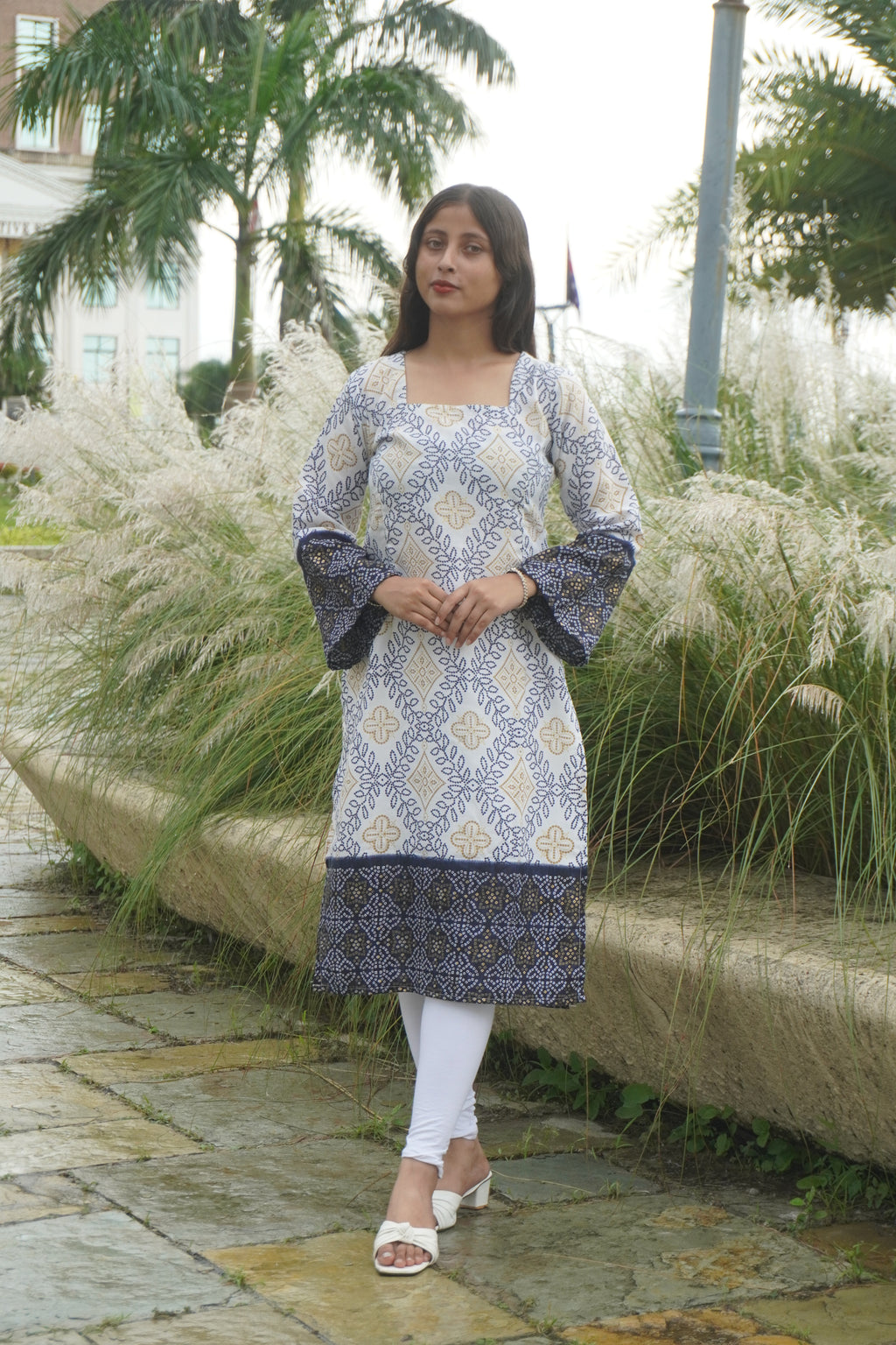 Blue Block Print Cotton Kurti with Bell Sleeves