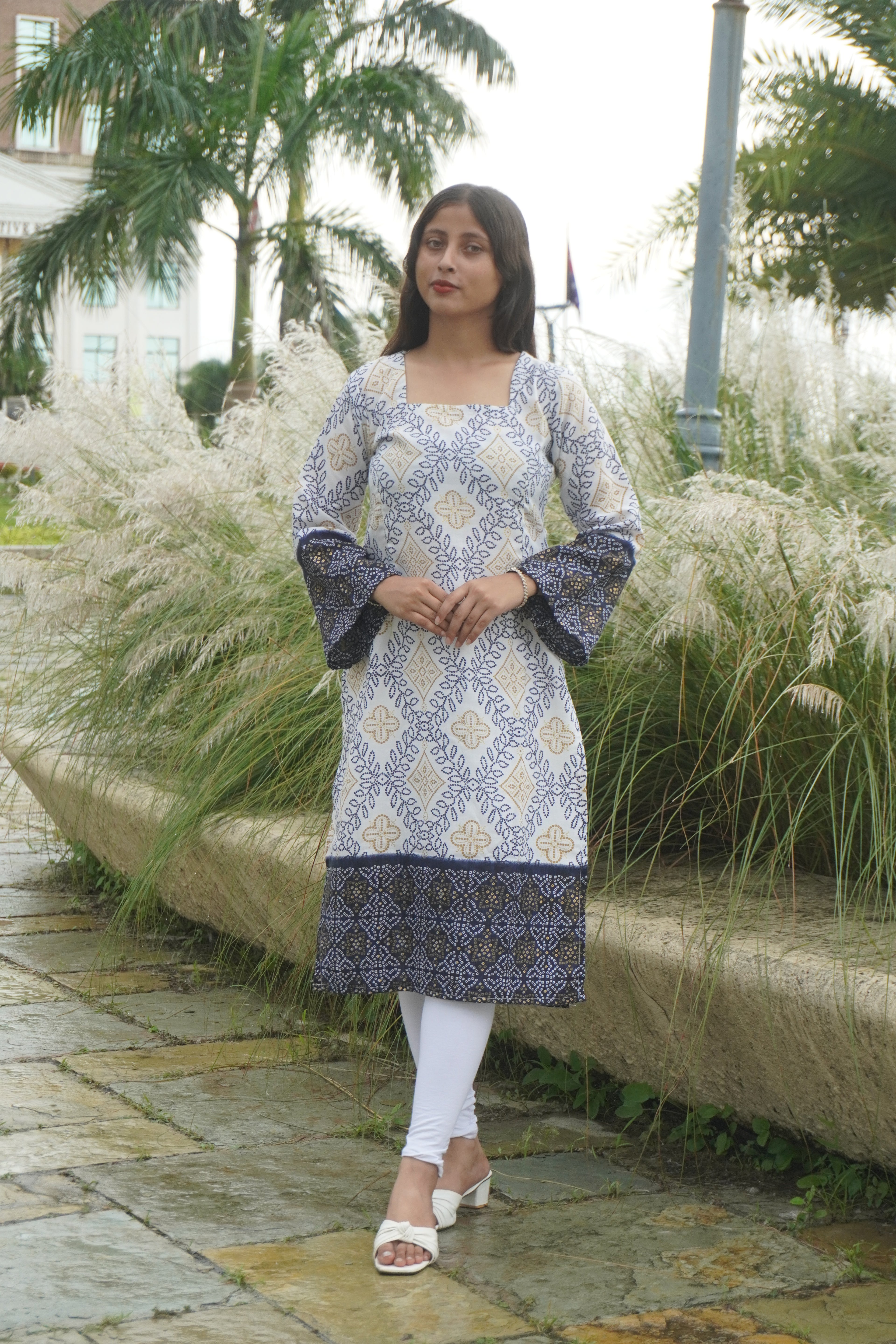 Blue Block Print Cotton Kurti with Bell Sleeves