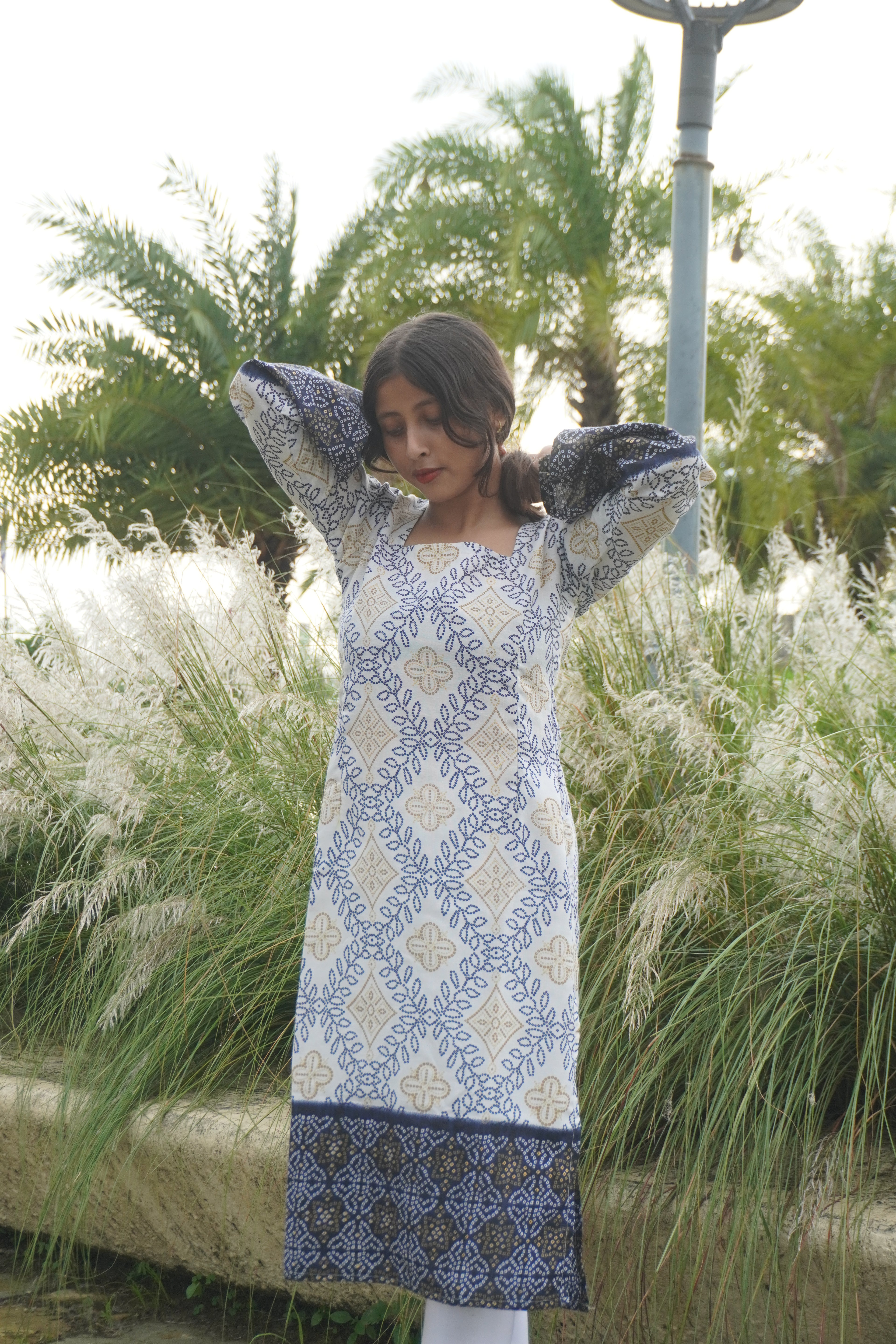 Blue Block Print Cotton Kurti with Bell Sleeves