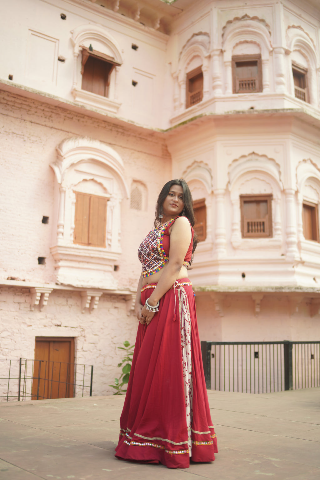Vibrant Red Lehenga with Mirror Work Blouse
