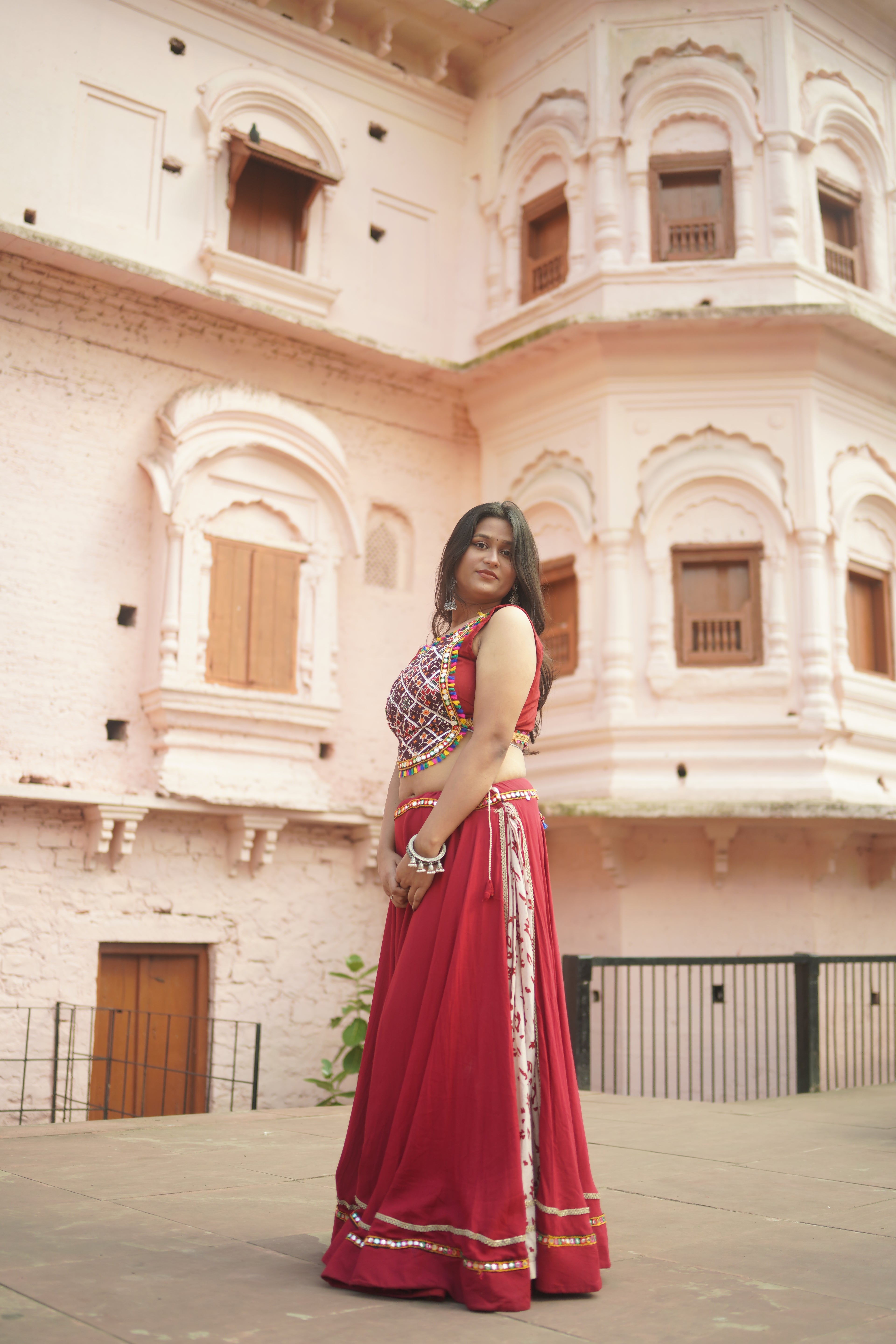 Vibrant Red Lehenga with Mirror Work Blouse