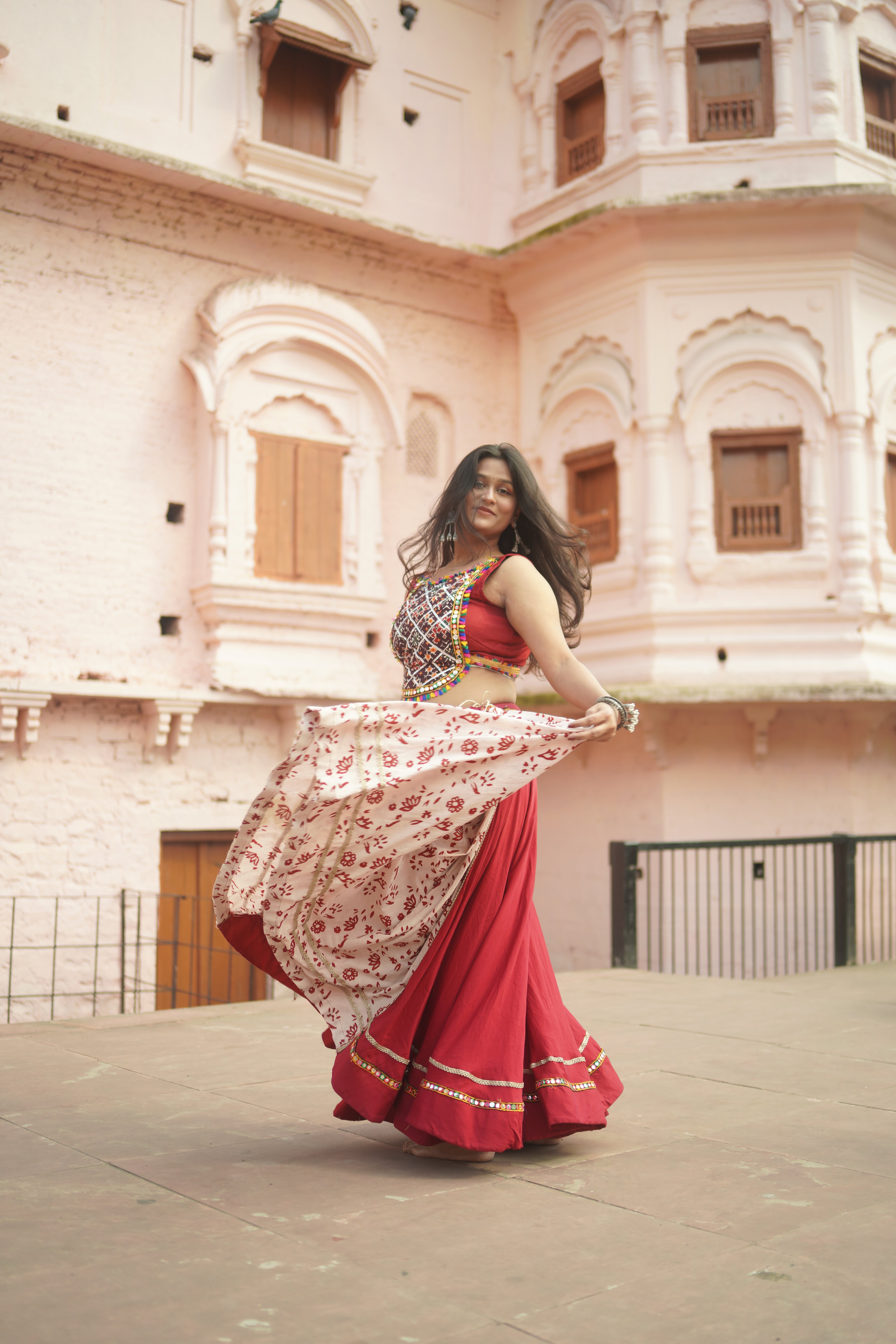 Vibrant Red Lehenga with Mirror Work Blouse