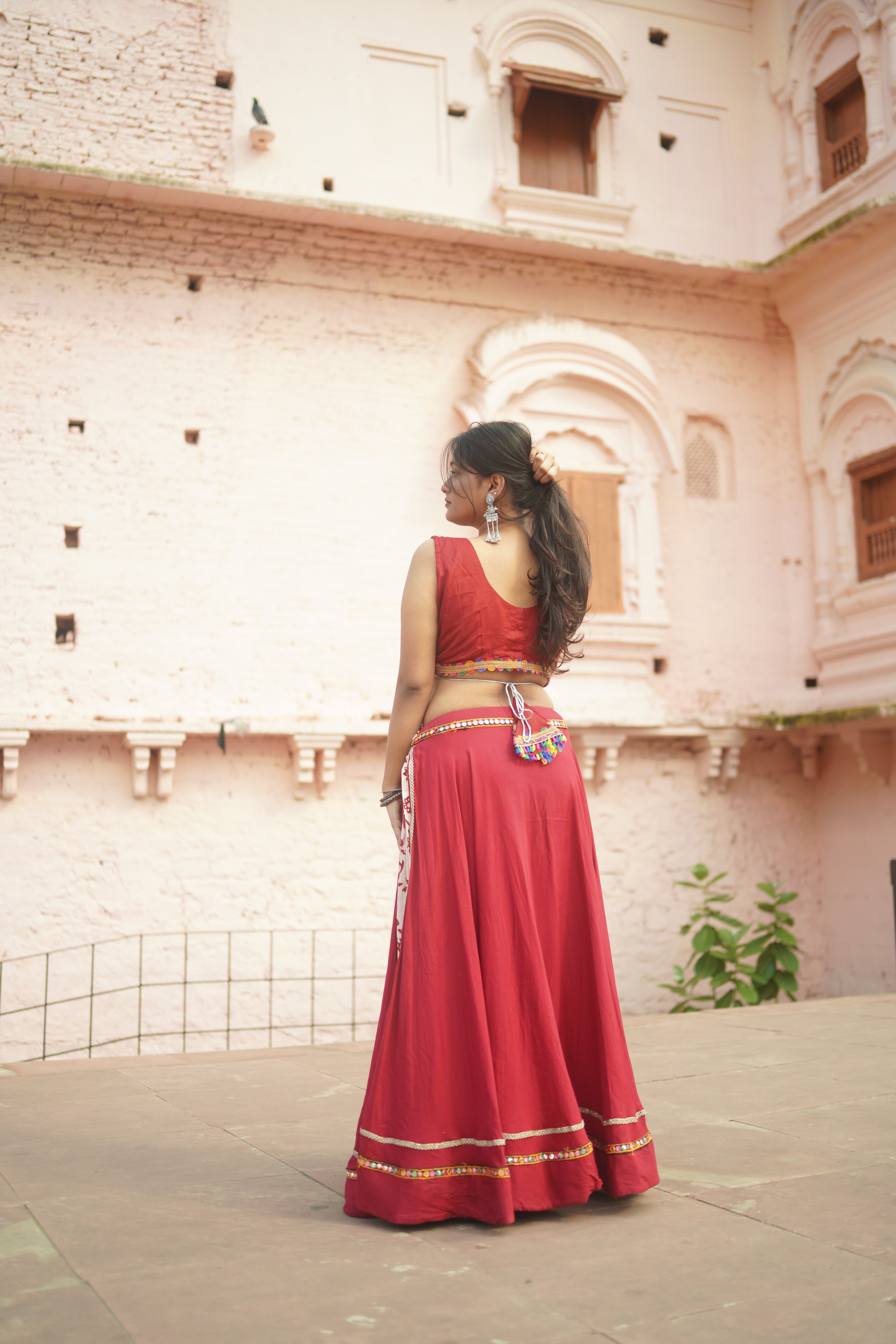 Vibrant Red Lehenga with Mirror Work Blouse