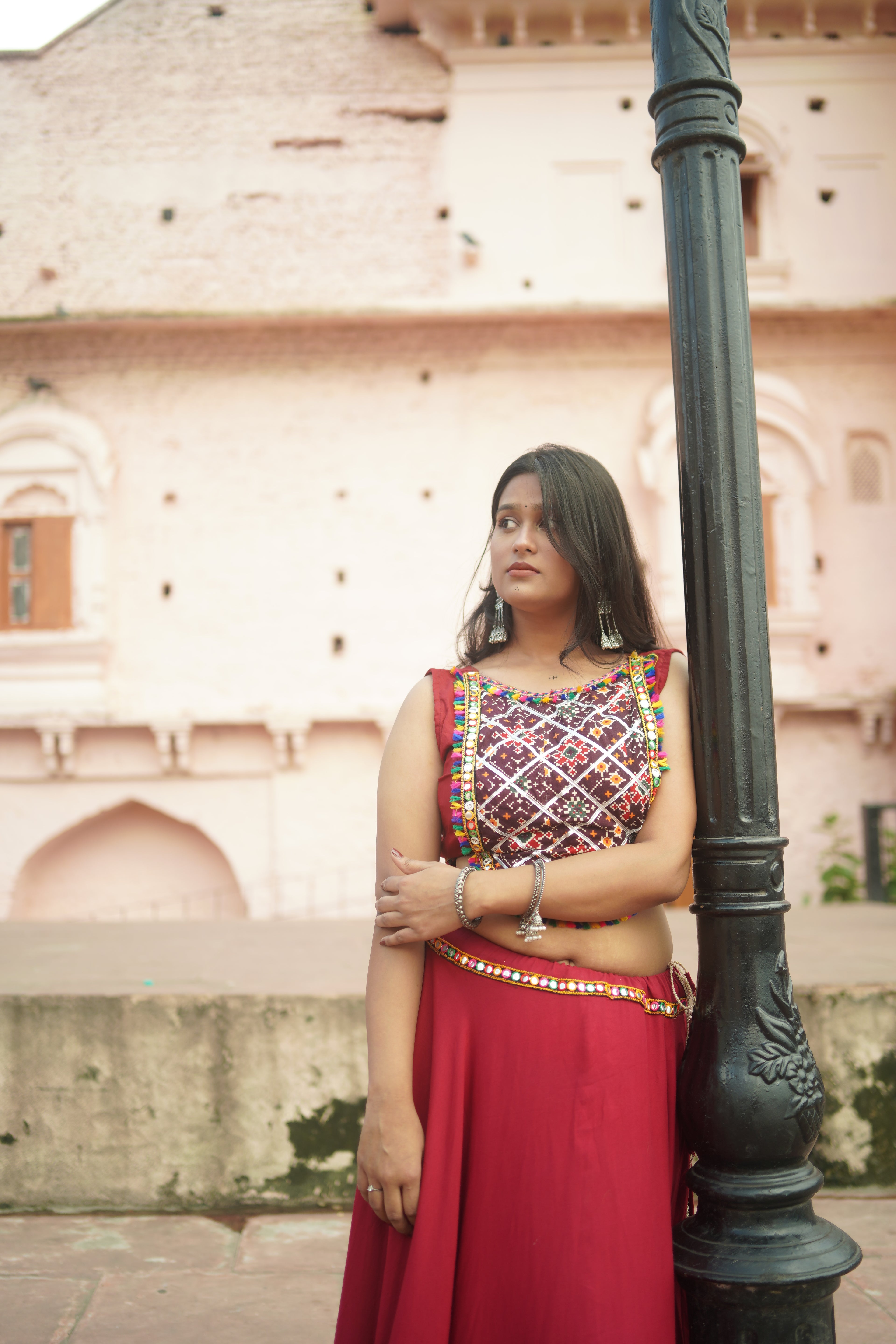 Vibrant Red Lehenga with Mirror Work Blouse
