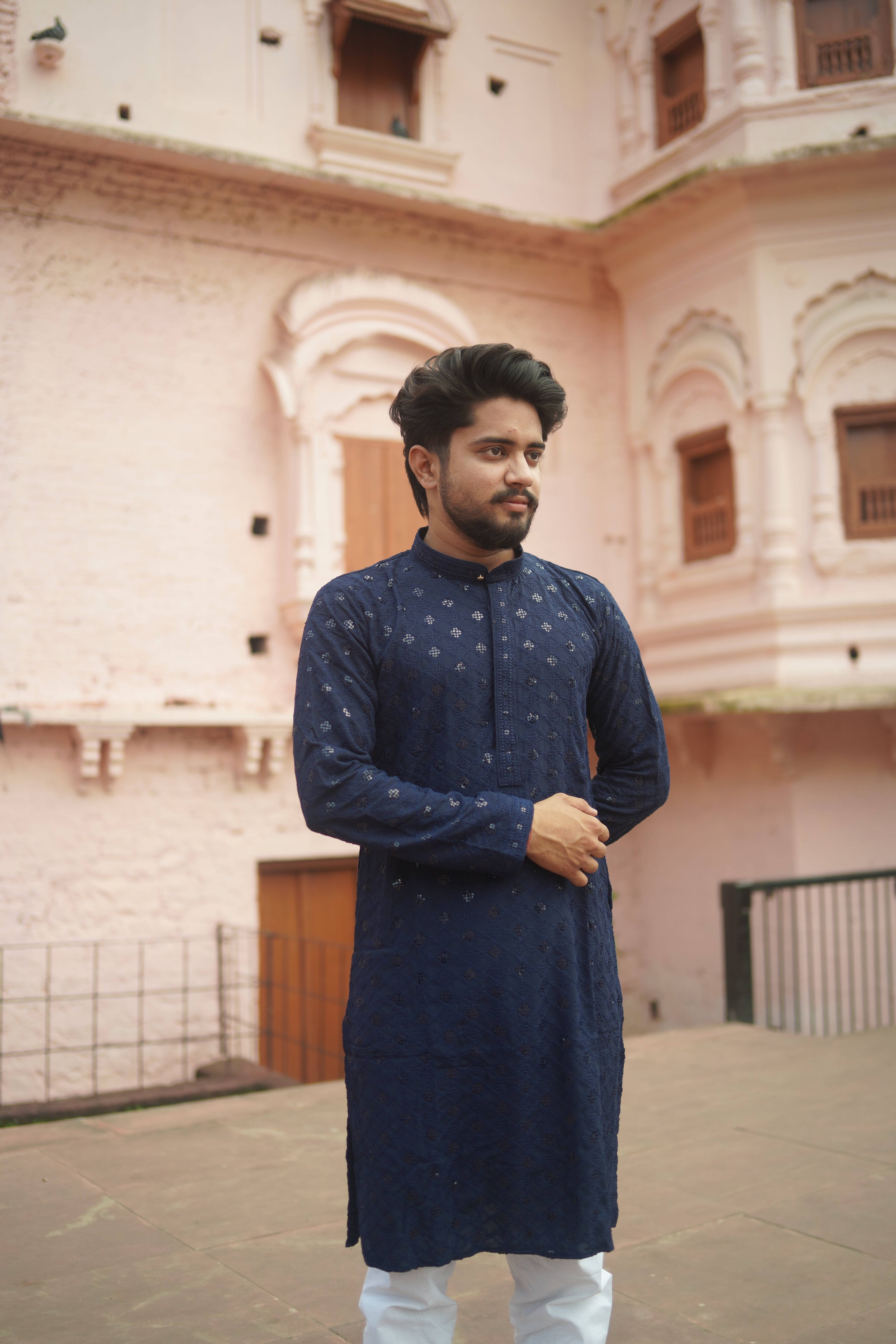 Elegant Navy Blue Traditional Kurta with pajama