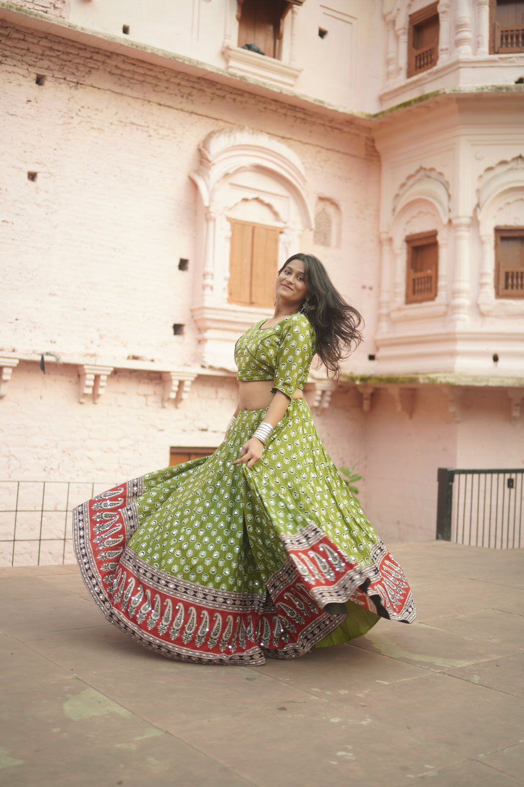 Classic Green Printed Lehenga with Red Border