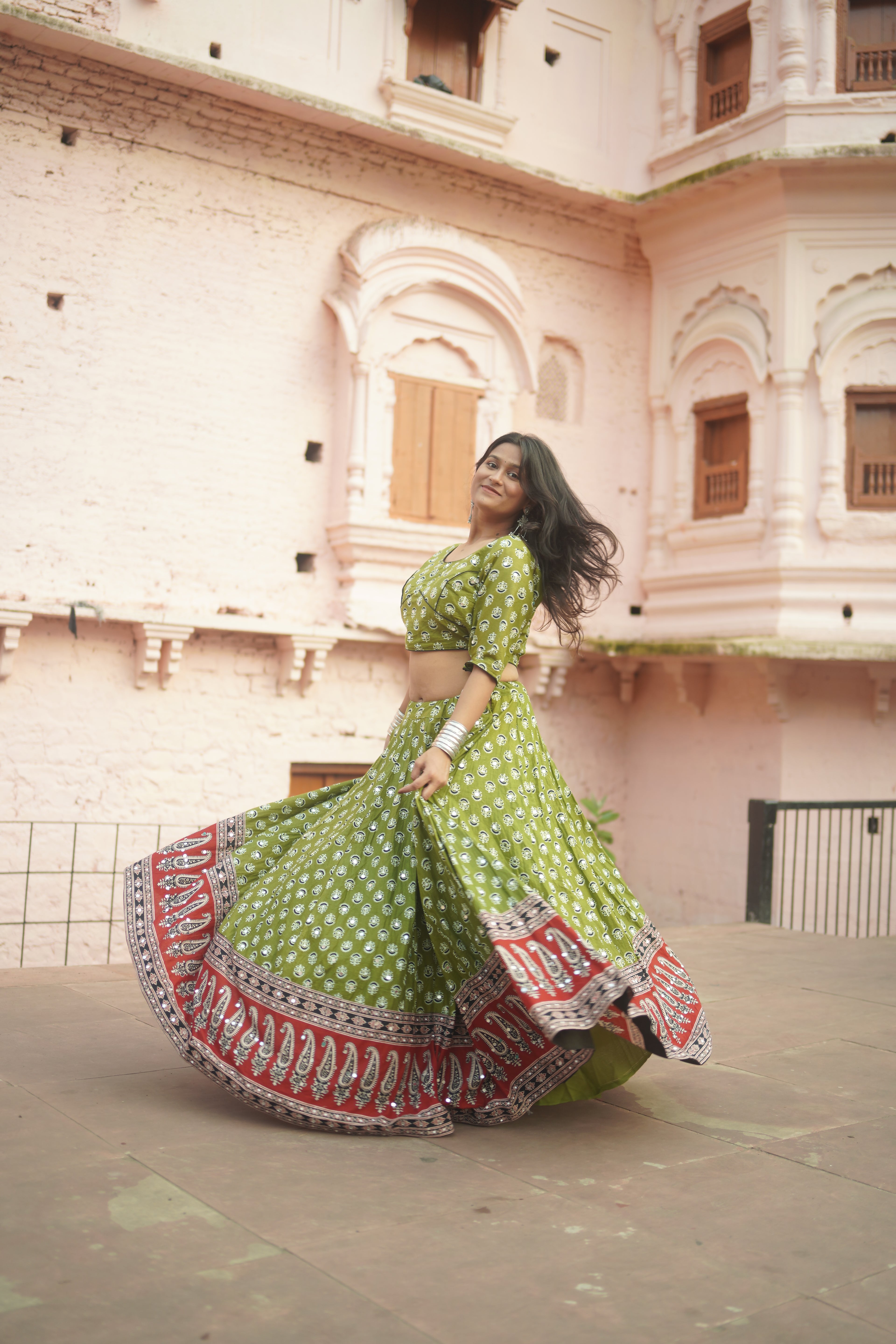 Classic Green Printed Lehenga with Red Border