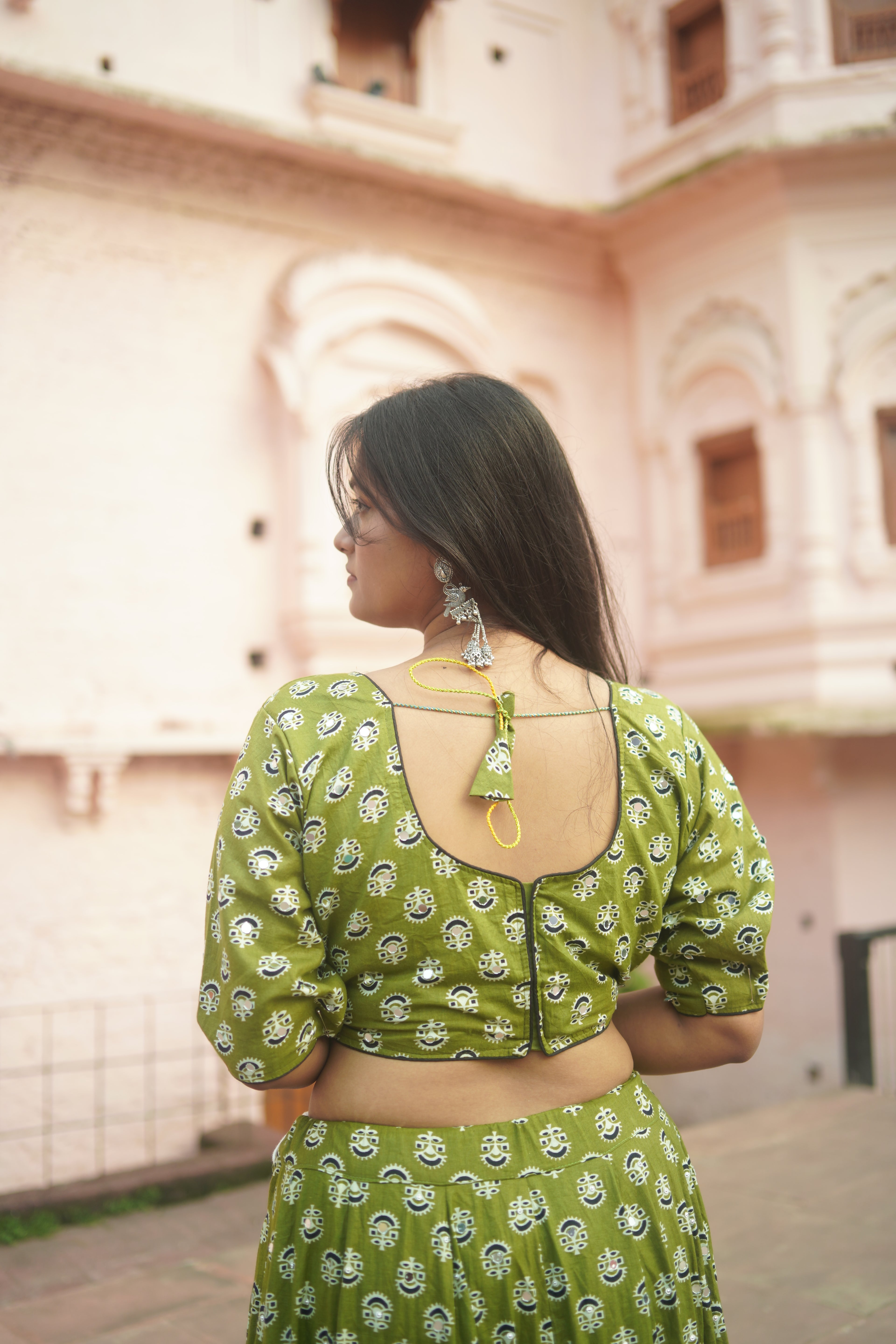Classic Green Printed Lehenga with Red Border