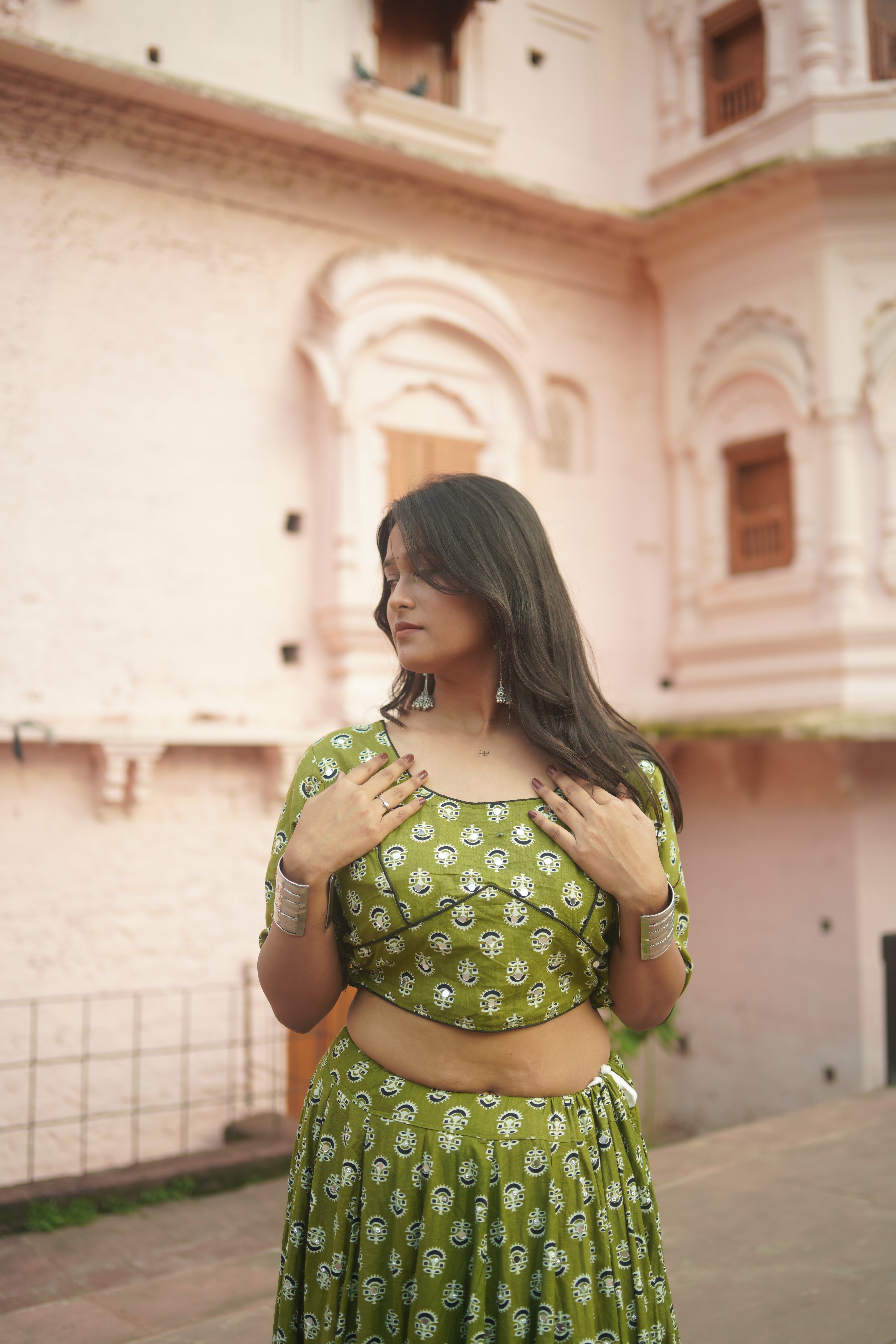Classic Green Printed Lehenga with Red Border