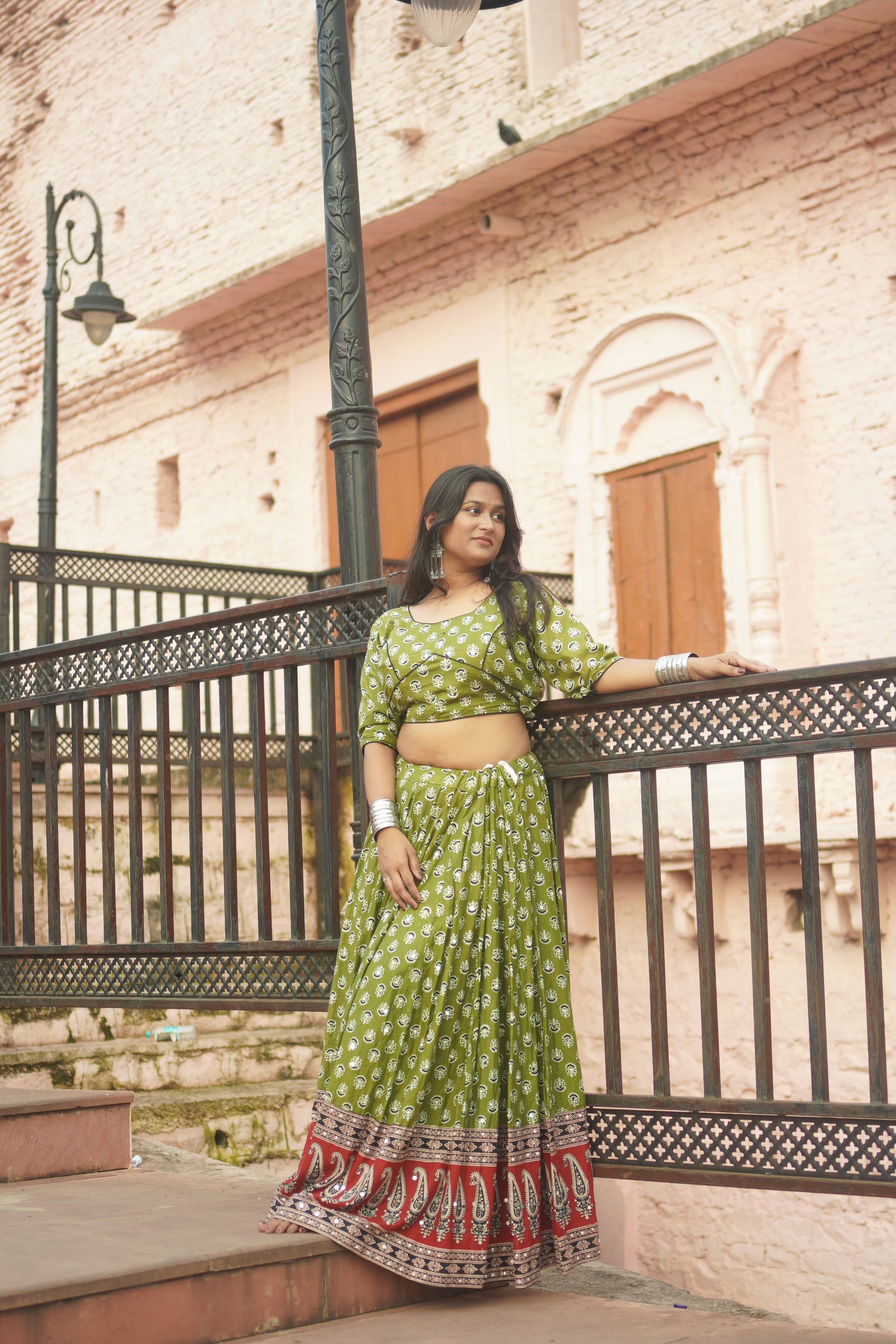 Classic Green Printed Lehenga with Red Border