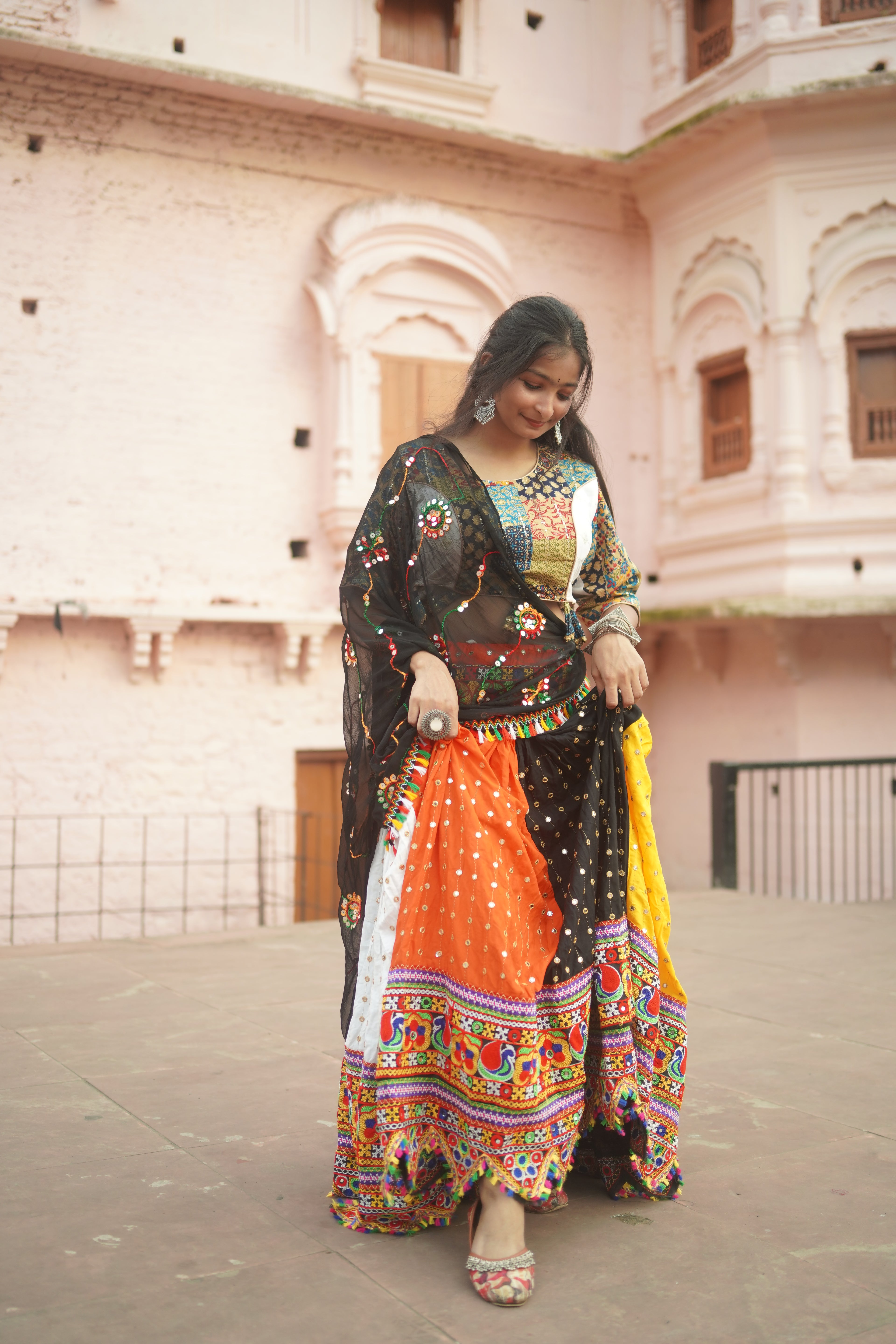 Multicolor Bandhani Lehenga with Black Dupatta
